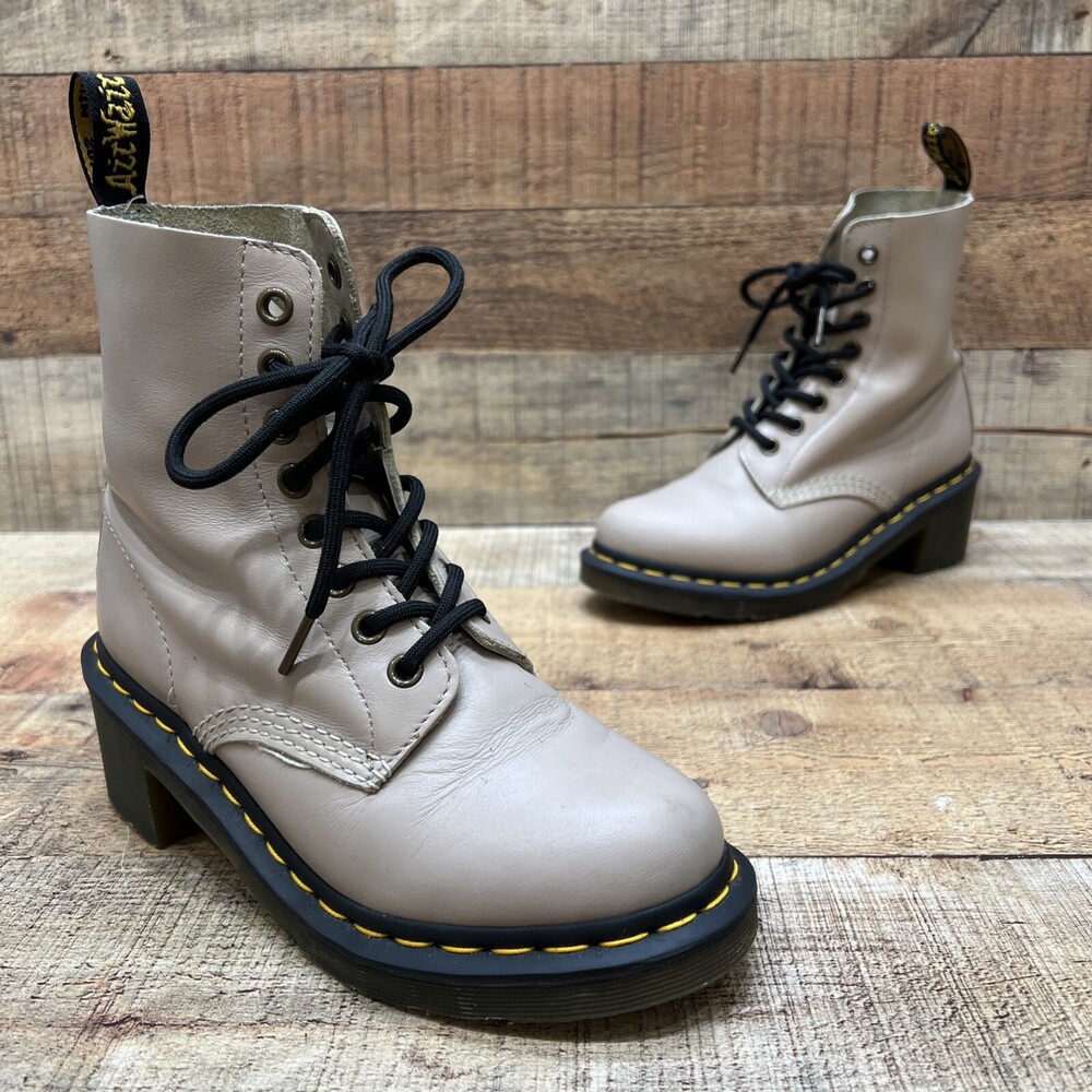 Dr Martens Docs Womens Heeled Combat Boots Beige Leather Size 36 (5 Womens US).